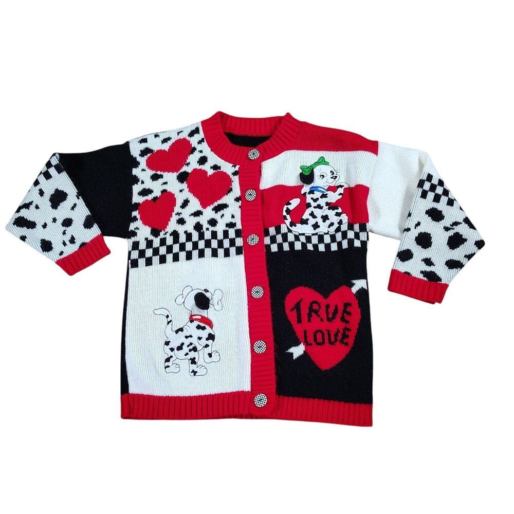 Vintage 90s Dalmatian Dog Cardigan Sweater Girls No Size Patchwork Knit Heart